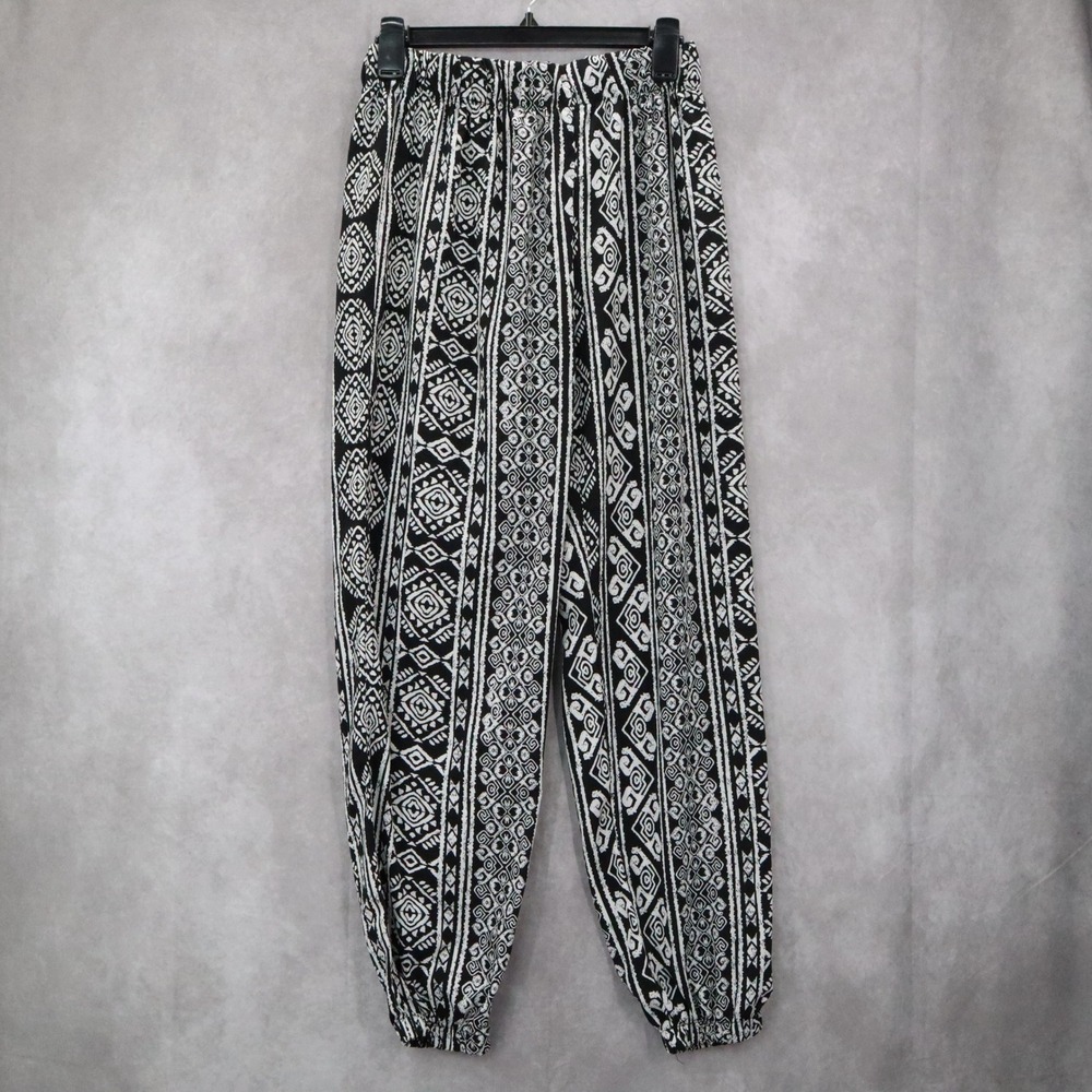 Ambiance Apparel Black White Harem Boho Geometric Print Tapered Pants‎ L Large